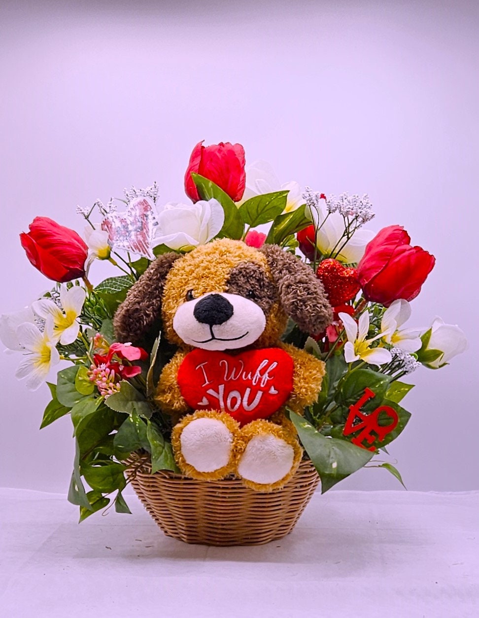 Romantic 'I Wuff You' Flower Arrangement, Red Tulips Bouquet, Cute Pup Floral Display, White Roses, Heart Accents