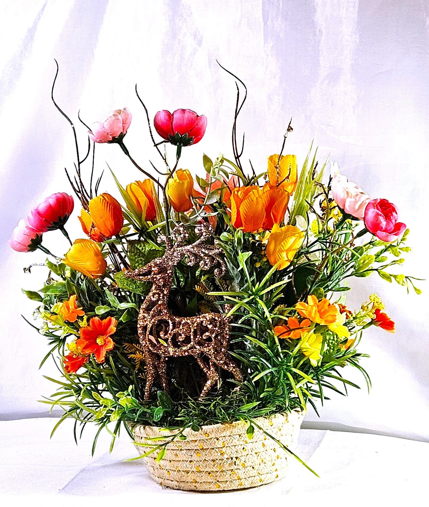 Floral Arrangement with Majestic Deer Amongst Blue/Pink or Orange/Peach Flowers, 2 Deer Options
