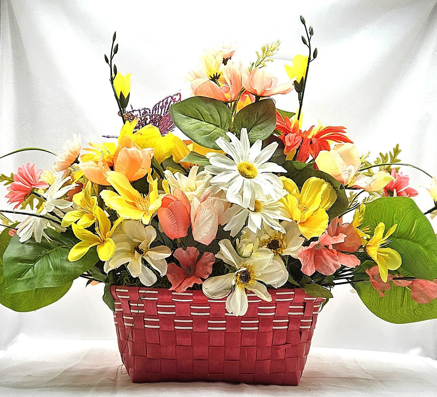 Wildflower Basket with Butterflies, Hot Pink Floral Container, Yellow Flower Basket, Gifts for Flower Lovers