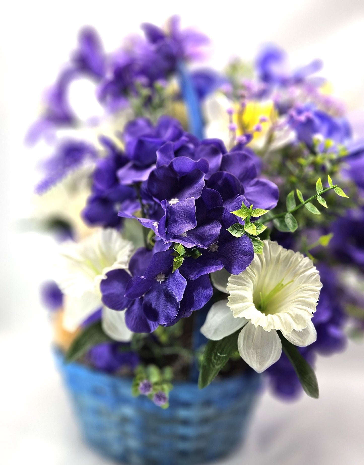 Purple Floral Centerpiece w/cute Stuffed Animal in Front of Lovely purple and white flowers, Great for Housewarming/Birthday/Thinking of You