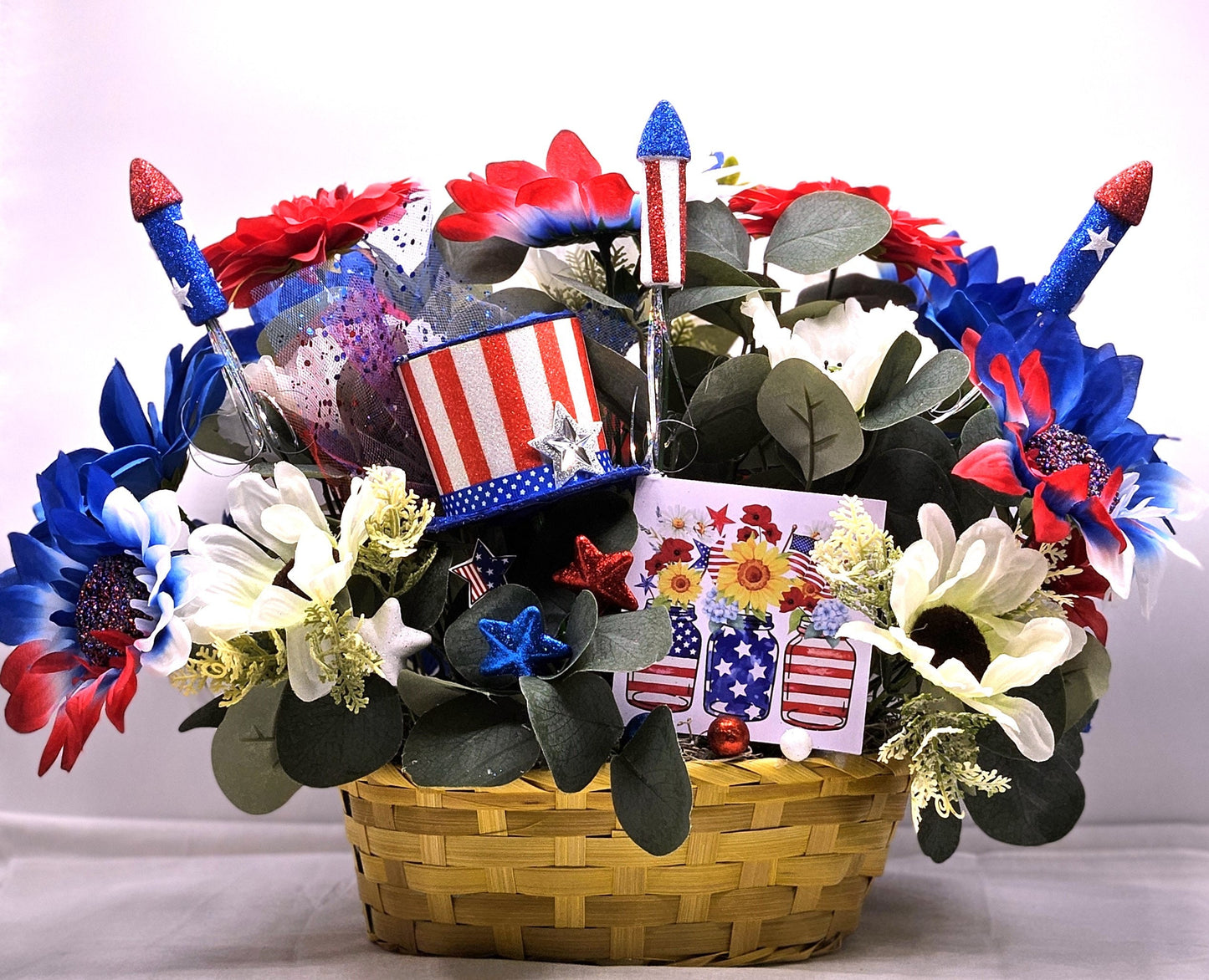 God Bless America Flower Arrangement, Patriotic Floral Sign, Red/White/Blue Top Hat, Daisies and Other Flowers, Fireworks, Stars