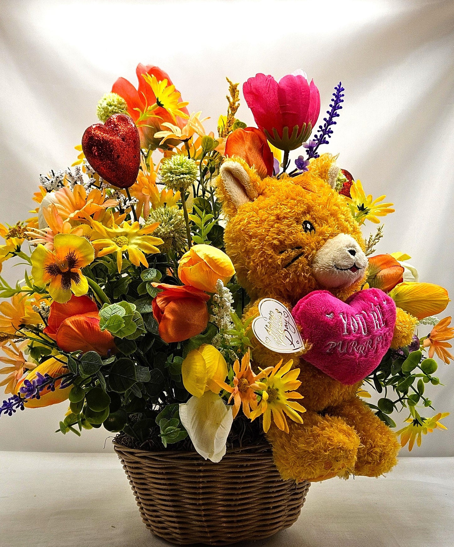Happy Romantic Kitty with Heart saying "You're Purrfect"sitting in a Wildflower/Tulip Garden, Big Red Hearts/Happy Valentines Day Sign/Gift