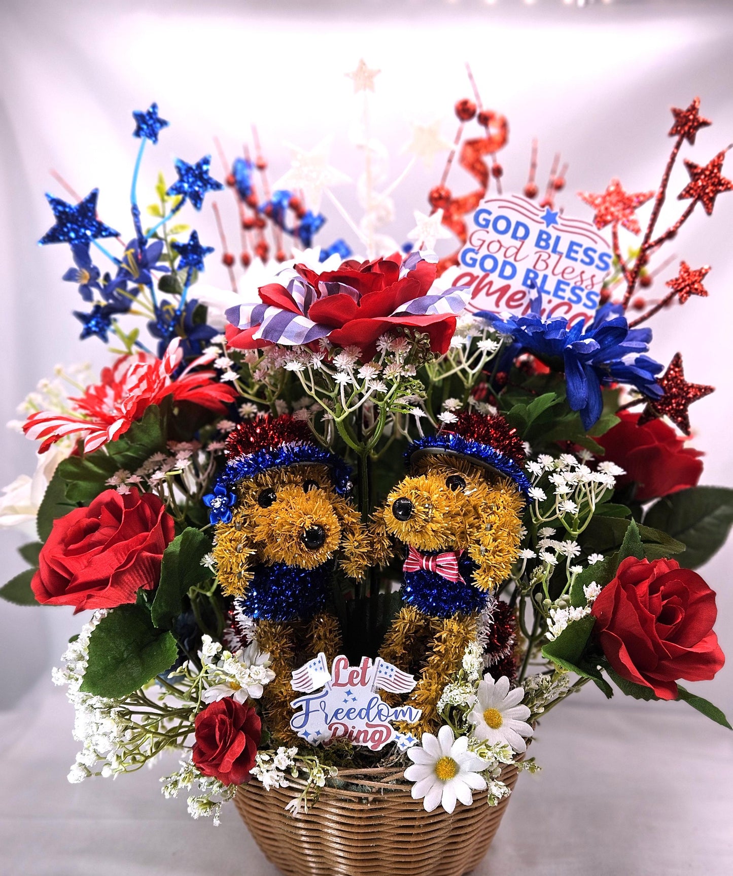 Patriotic American Dog Garden Decor with Red White Blue Roses, Baby’s Breath & Sparkly Stars – USA Outdoor Decoration