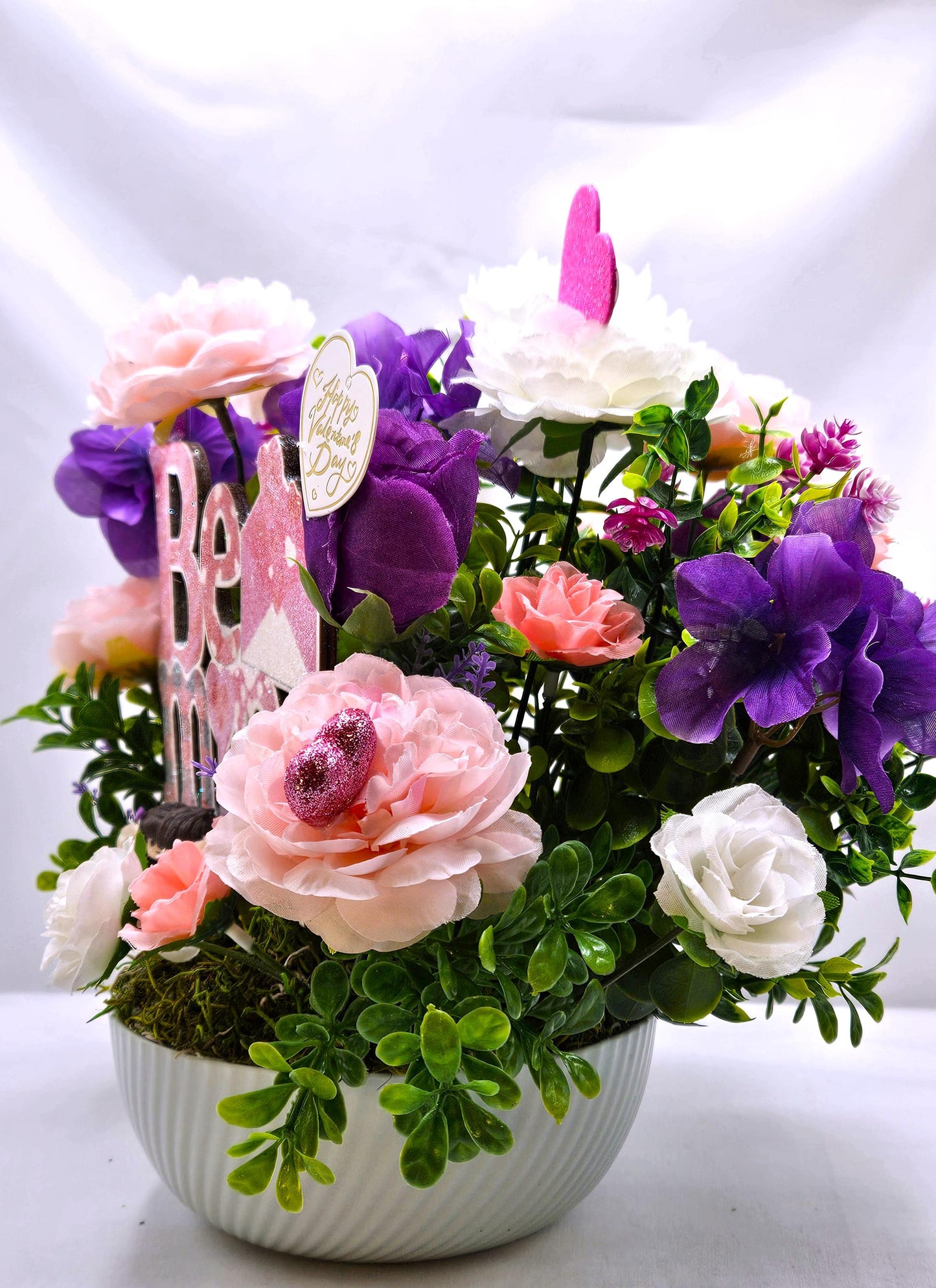 Romantic Bee Mine Card, Valentine Day Greeting, Pink Purple Greenery Scene, Couple in Love, Heart Flowers