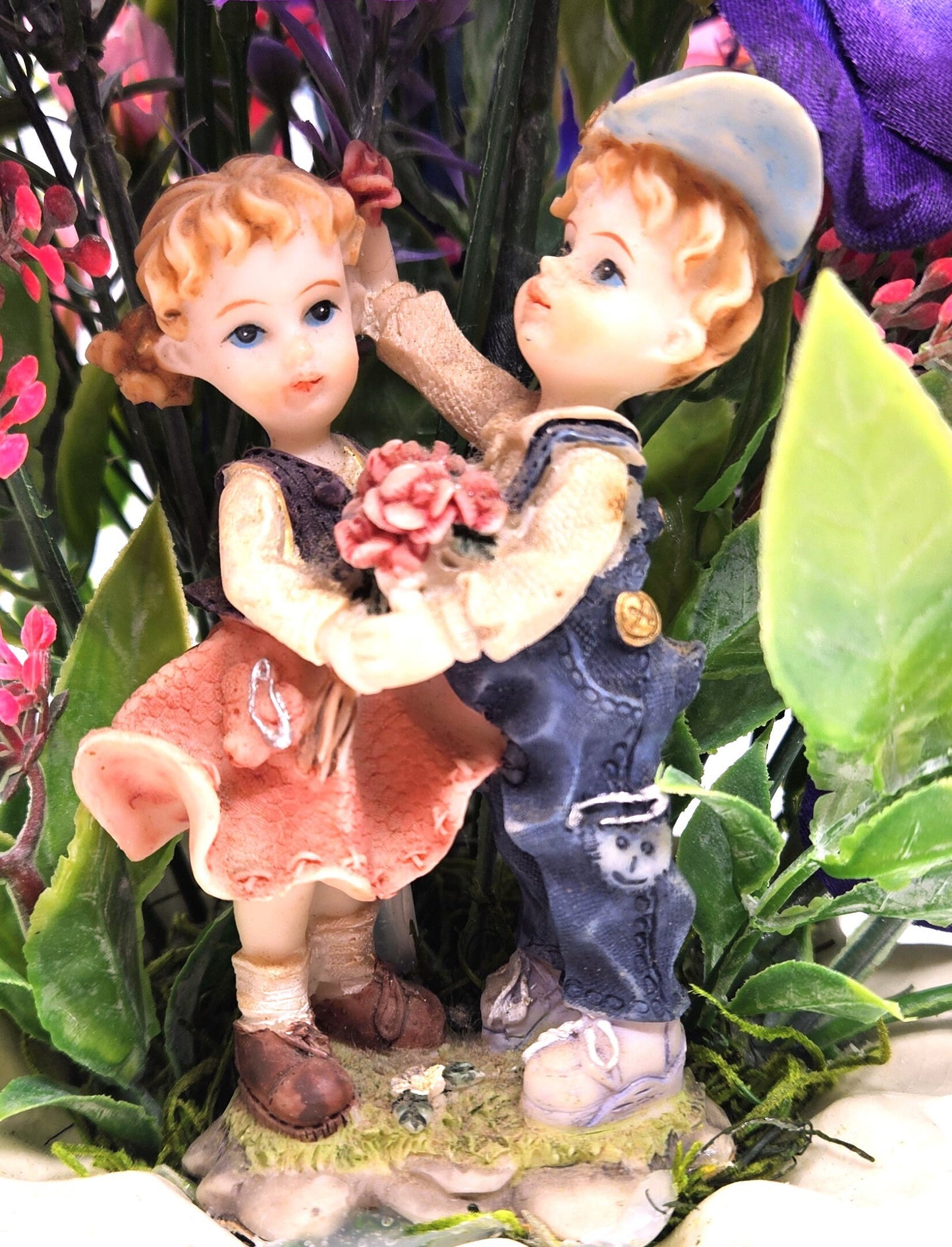 Vintage-Inspired Girl/Boy Figurine in Vibrant Purple Floral Arrangement on Gold-Trimmed Cream Ceramic Pot, Gift for Her/Home