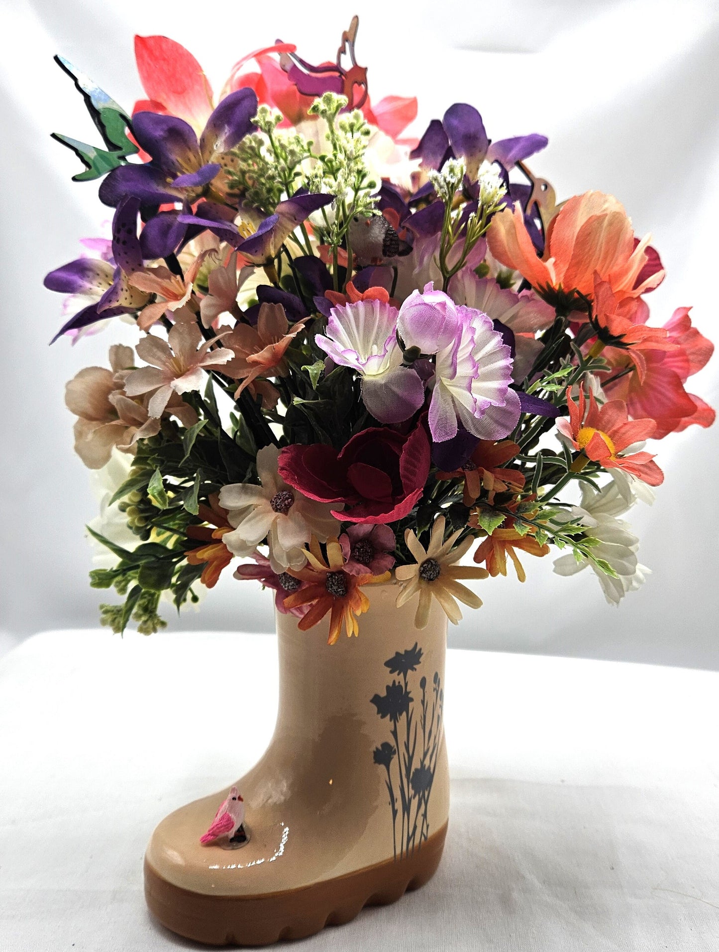 Handcrafted Rain Boot Floral Arrangement with Bird, Two Options, Spring Lover Gift, Mixed Spring Flowers