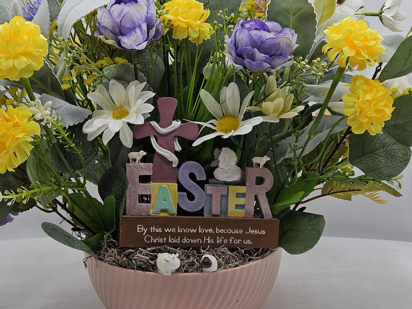 Easter Cross Floral "By This We Know Love Because Jesus Christ Laid Down His Life For Us" Quote/Sheep/Blue/Yellow/Greenery/Happy Easter