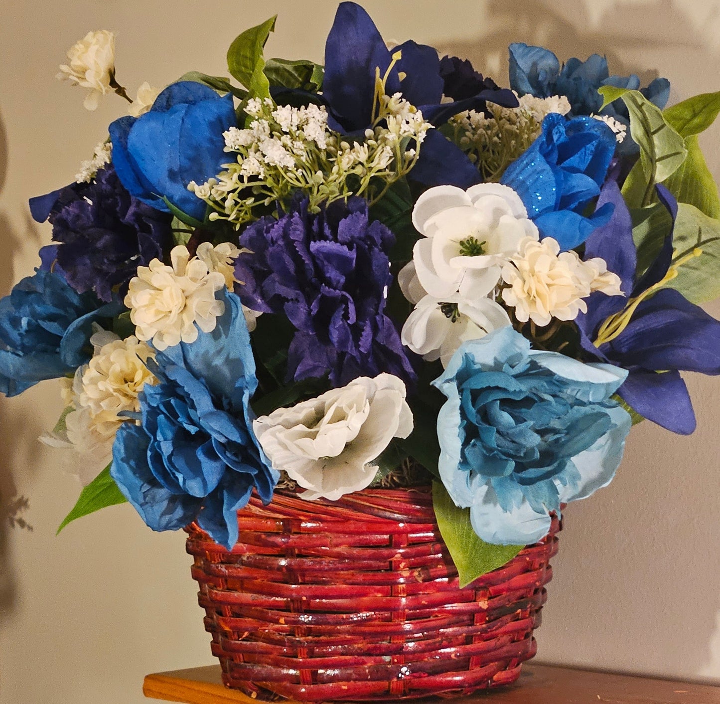 Charming Blue Artificial Flower Basket, Silk Floral Decor, White Accents, Unique Gift for Her, Wedding Decor