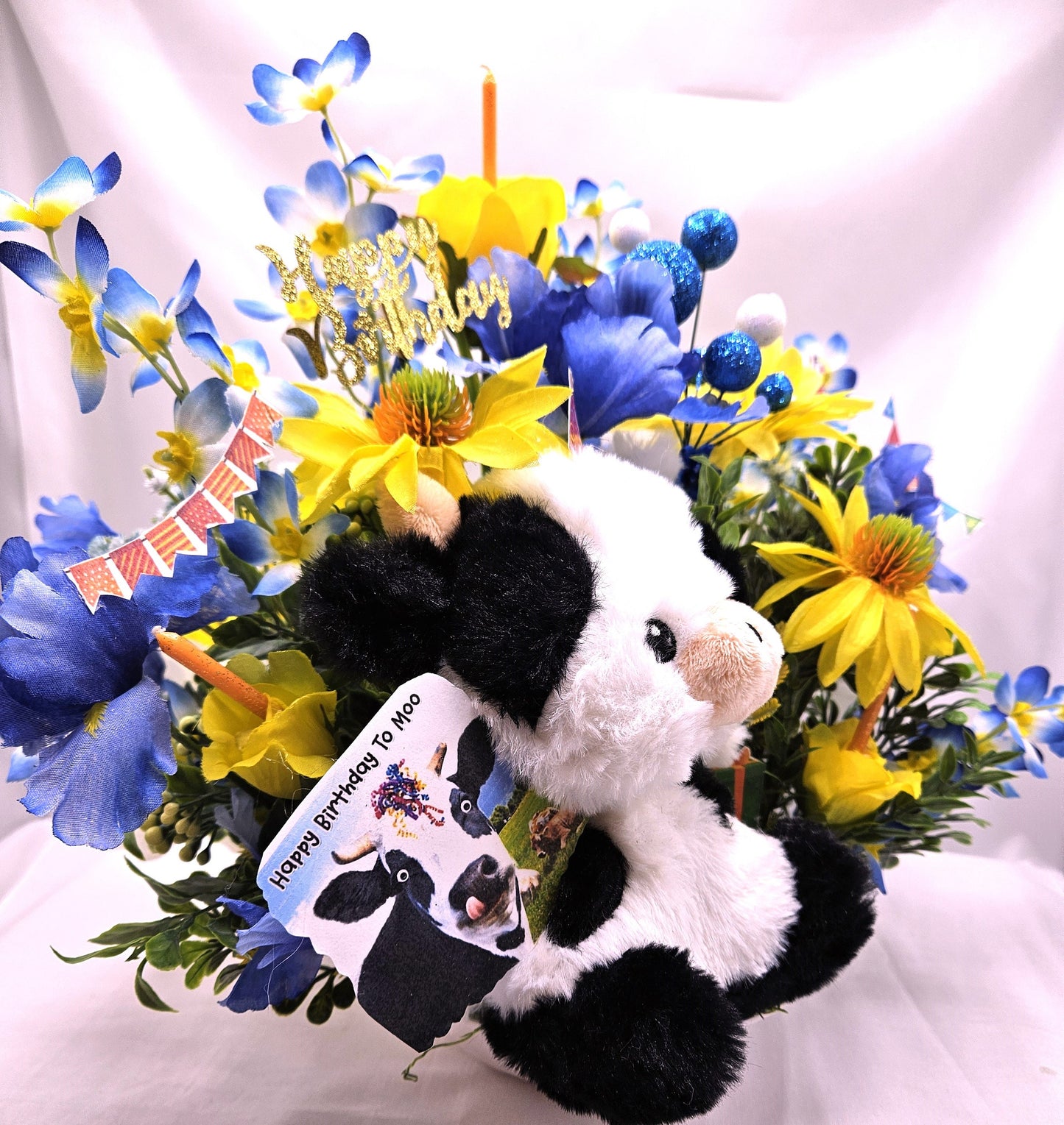 Happy Birthday to "Moo" Cow Lovers Flower Arrangement, Presents/Candles/Balloons/Birthday Sentiments, Blue/Yellow Flowers, Can Personalize
