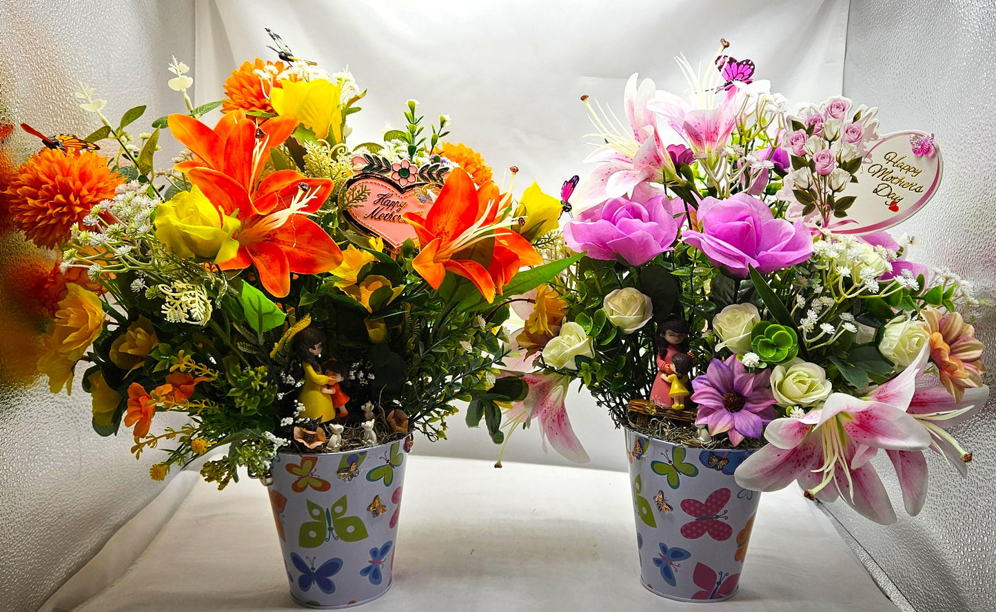 Love To Mom, Happy Mother's Day, I Love You Mom Floral Arrangement/Gift, 2 Options/Mother And Child/ Orange/Yellow Or Pink/Purple Florals