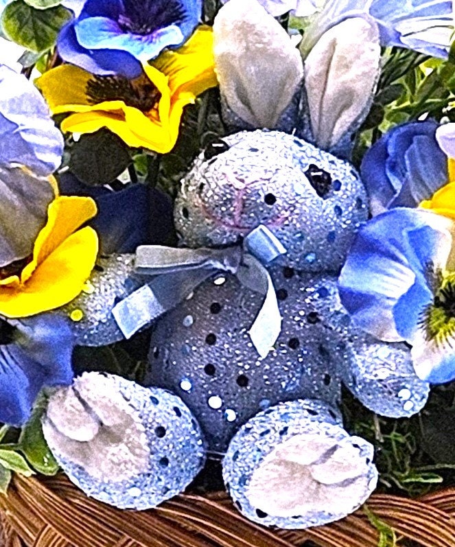 Blue Rabbit In Blue Handmade Spring Flowers Arrangement, Summer Flower Decor, Natural Wicker Basket, Glittery Flowers, Yellow Lilies decor