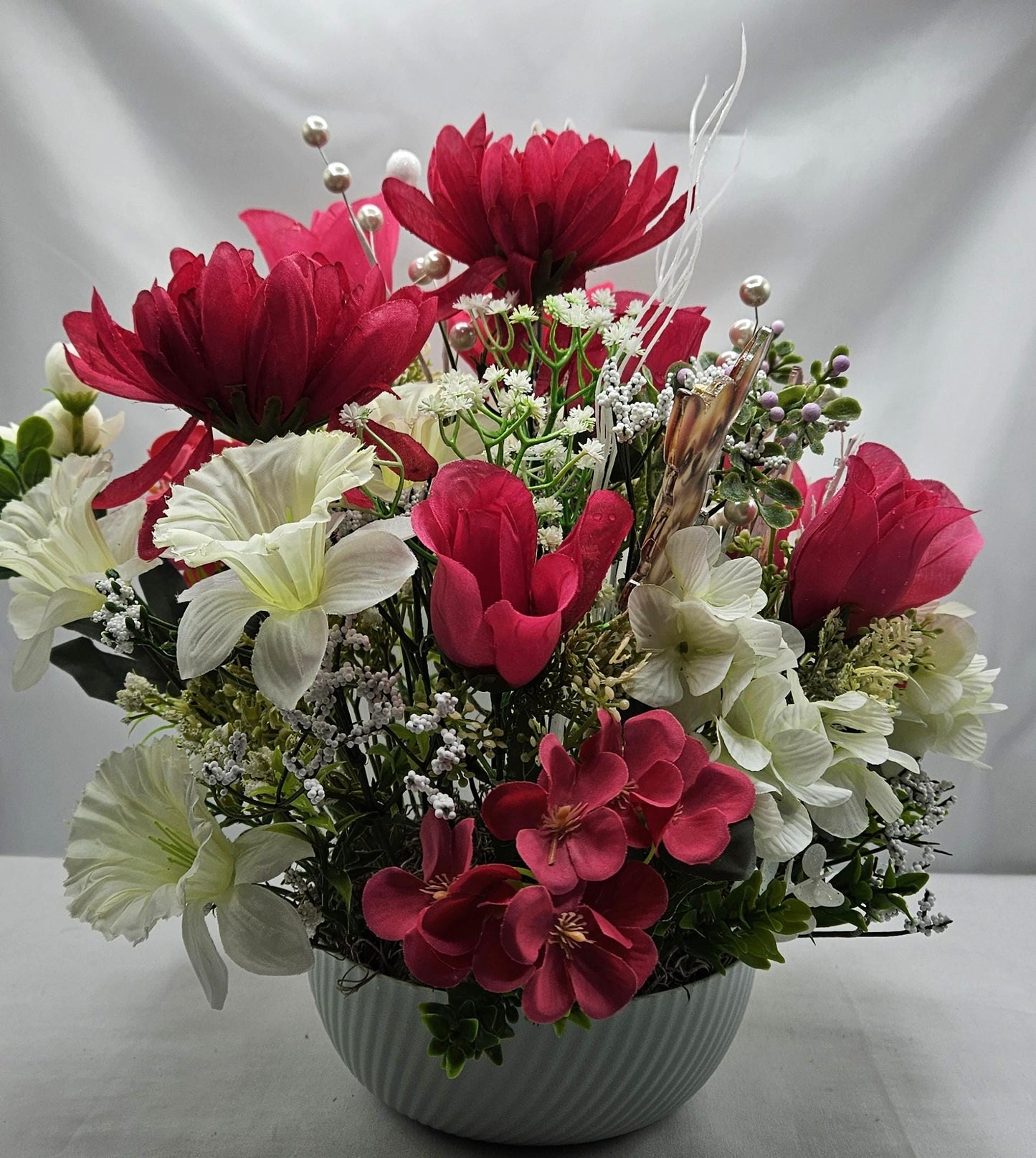 Get Well/Feel Better Floral Arrangeements Featuring Cheerful Chihuahua Pups Amidst a Red/White Flower Garden/Baby's Breath/Glitter Accents