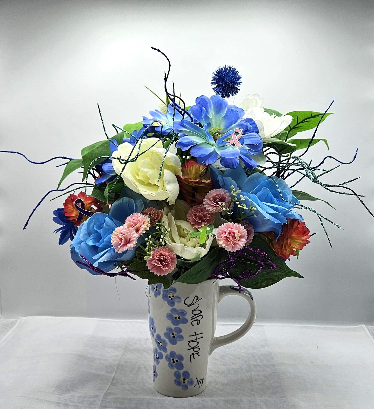 Supportive Cancer Awareness Mug - Beautiful Ceramic with Blue Ribbon & Flower Arrangement, Perfect Gift for Warriors