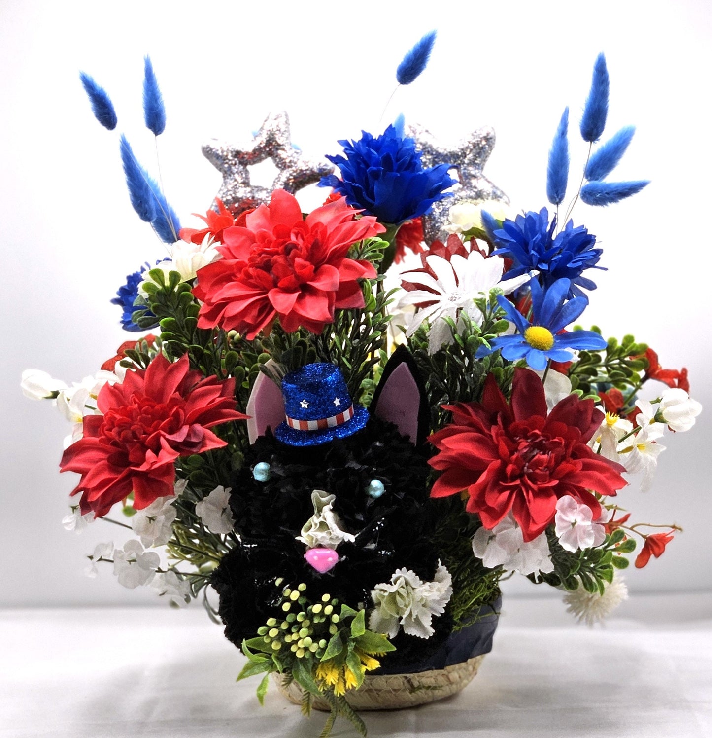 Black Silk Carnation Cat, Patriotic Hat, Pink Nose, Blue Eyes, Garden Cat Decor, Red White Blue Flowers, Cat Lover Gift