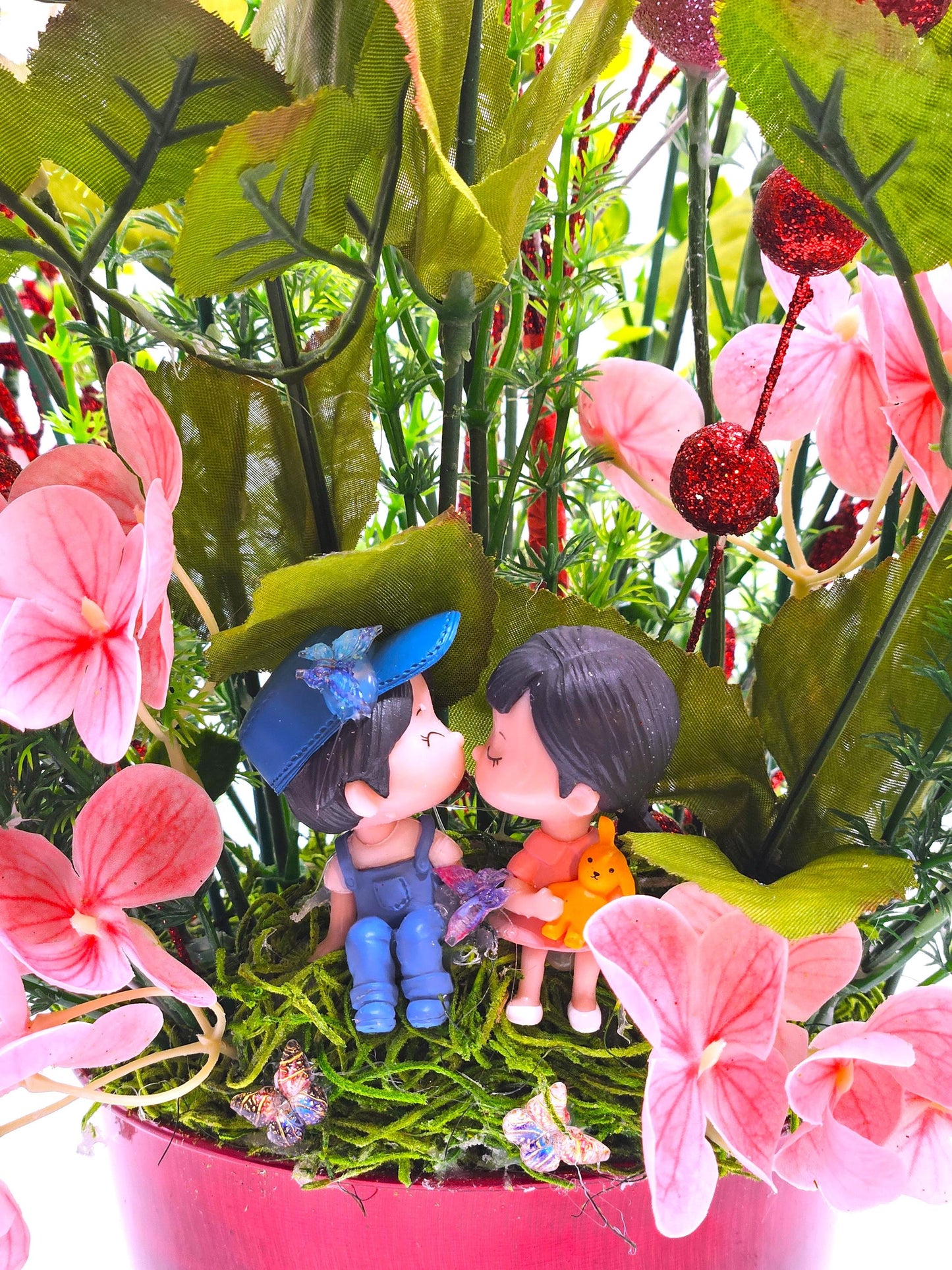 Romantic Flower Centerpiece with Pink and Red Roses, Kissing Couple, Valentine Decor, Butterflies, Hearts, Glitter Accents