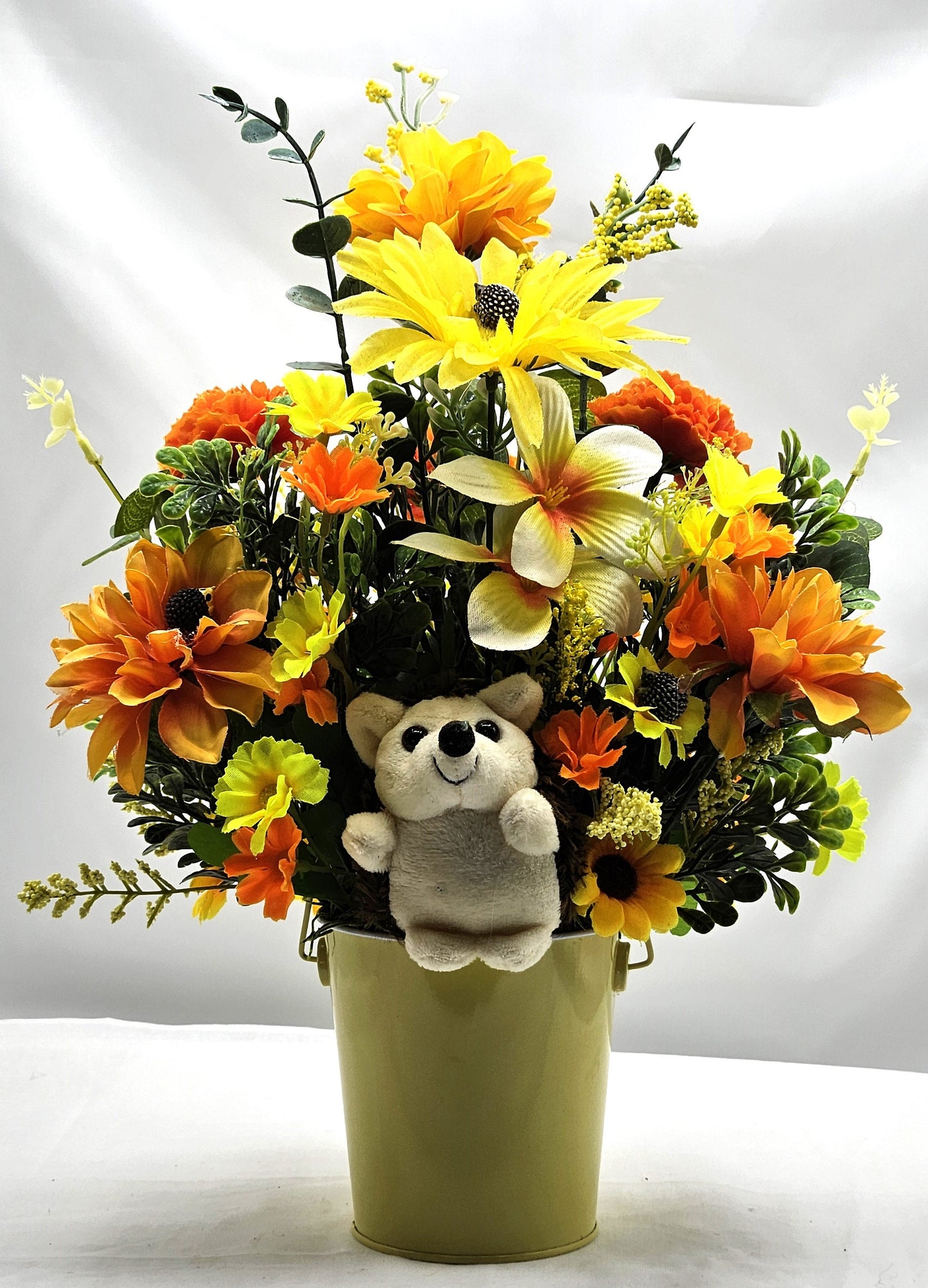 Cute Hedgehogs in a Bright, Vivid Cheerful Yellow floral Garden, A Plush Hedgehog Plus Smaller ones Scattered Throughout the Floral Piece
