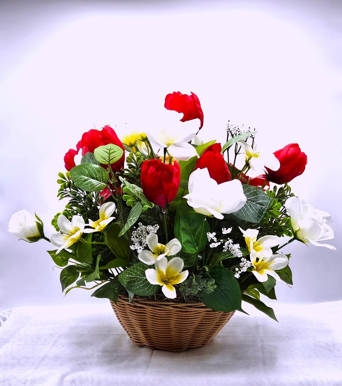Romantic 'I Wuff You' Flower Arrangement, Red Tulips Bouquet, Cute Pup Floral Display, White Roses, Heart Accents