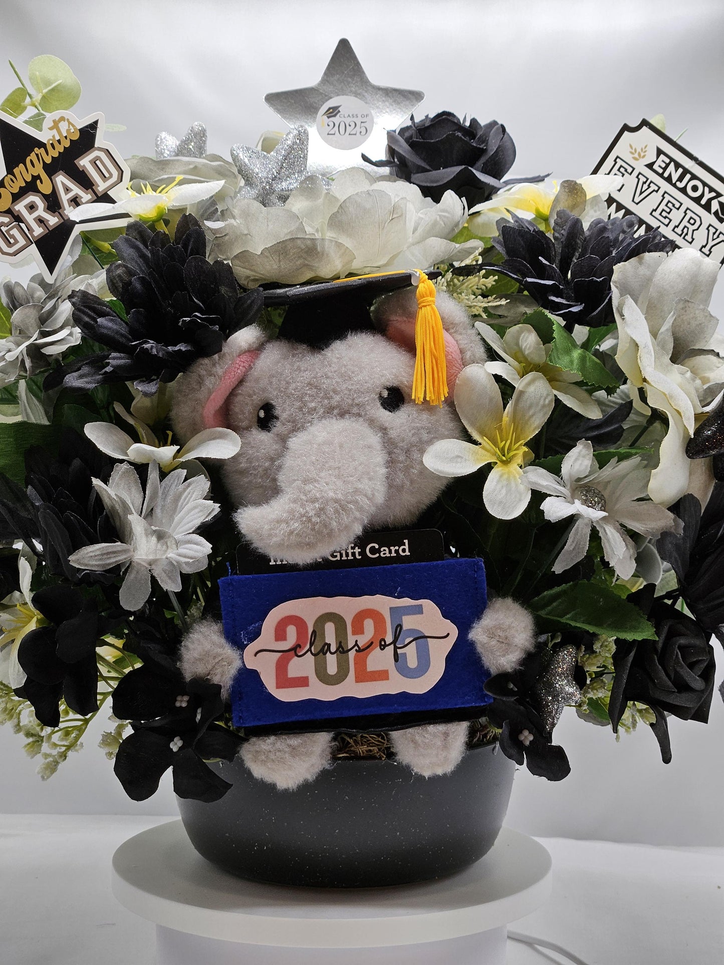 Lucky Elephant Graduation Flower, Gift Card Holder, College/High School graduation, Black/Gray/White Flowers, Unique Graduate Gift