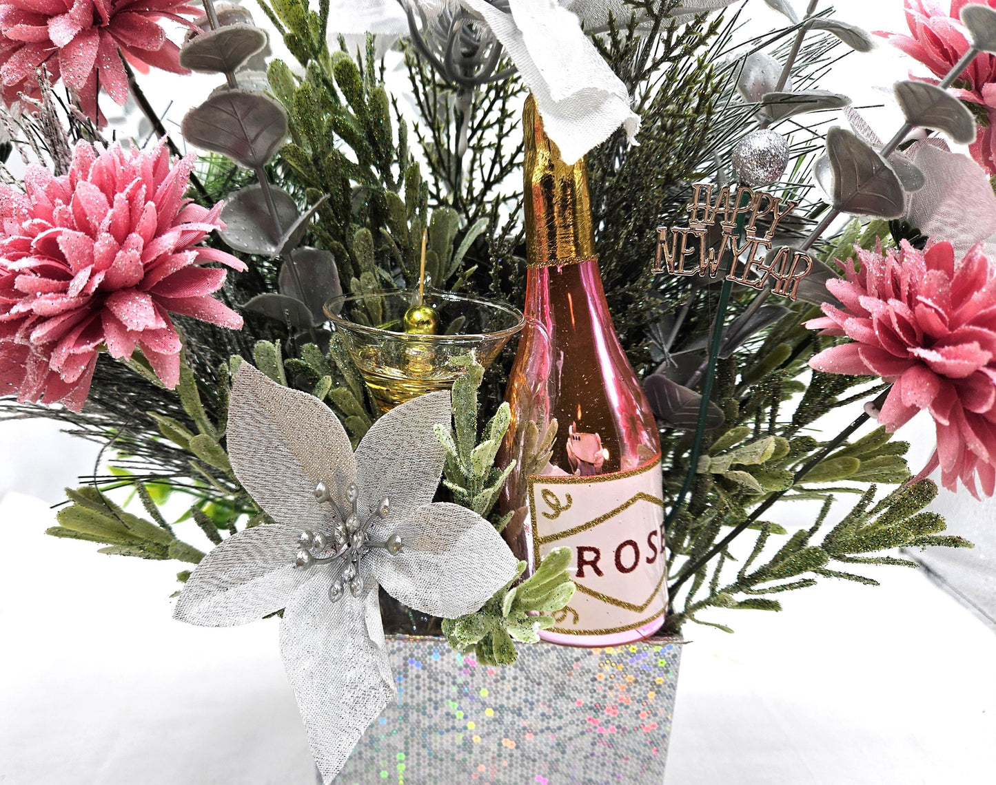 Congratulatory Arrangement in Bright Silver, New Year Champagne Toast/sparkly Silver Flowers/Accents in Silver Box/Cheers in 2025