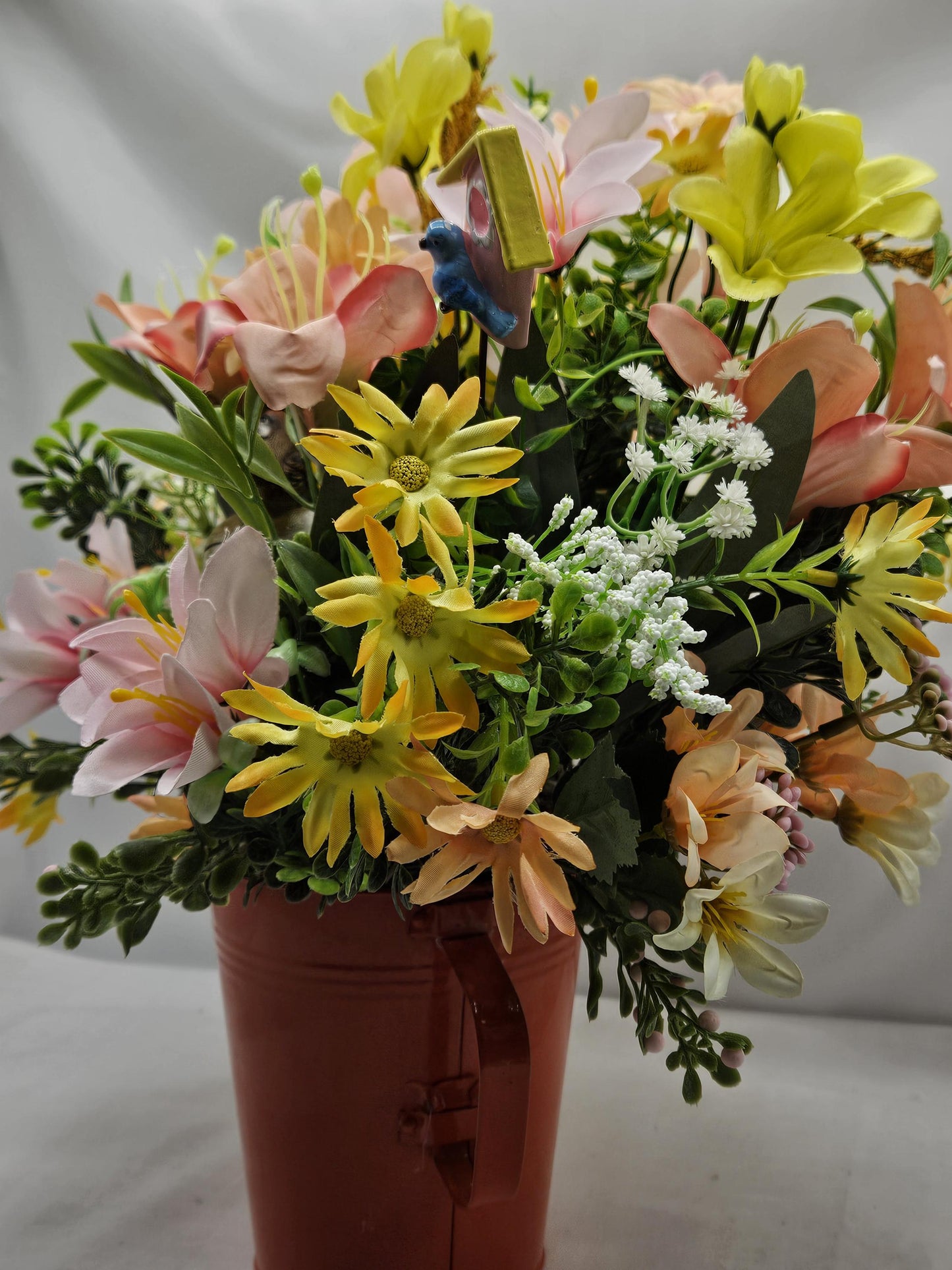 For the bird lover, Spring/Summer Floral Arrangement Set in Orange Watering Can w/Birds Atop Mushrooms/Other Bird Accents/Colorful Flowers