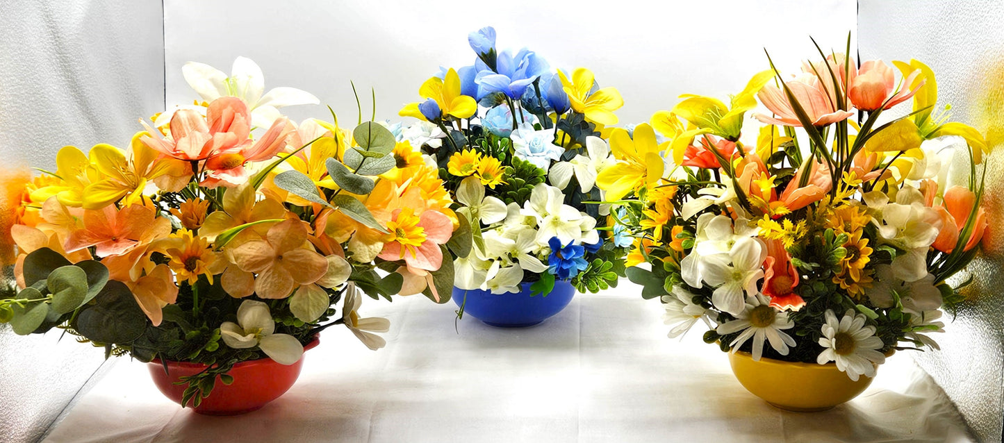Dog Lover's Flower Centerpiece in Yellow, Orange, or Blue Bowl - Vibrant Spring/Summer Floral Arrangement