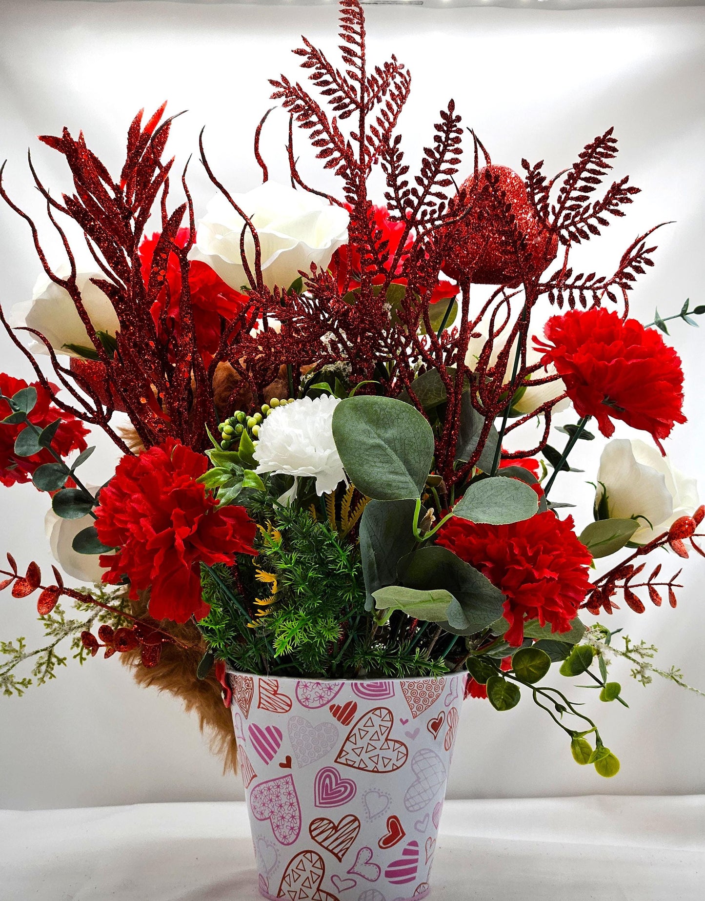 Lovable Lion or Gorilla with Red Roses, Romantic Floral Arrangement, Valentine Gift, Glittery Accents, Hearts Decor, Carnations