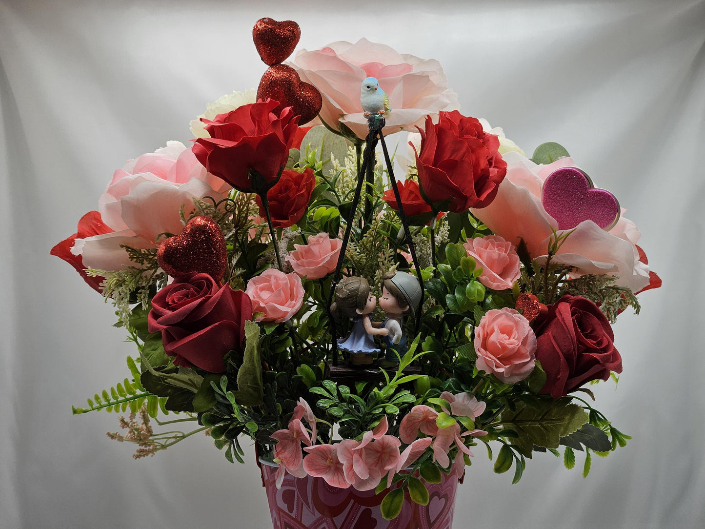 Sweetheart On A Swing Art, Garden Lover's Gift, Pink Rose, Red Rose, Love Expression, Flowers And Hearts