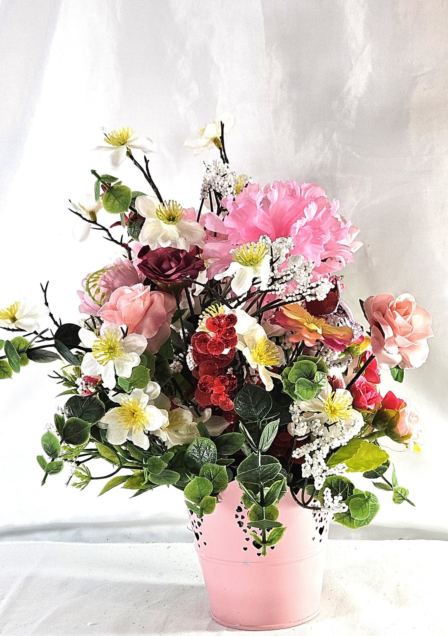 Romantic Flower Arrangement, Cute Pink Love Deer, Sweetheart Pink/White Flowers in Pink Scalloped Pot