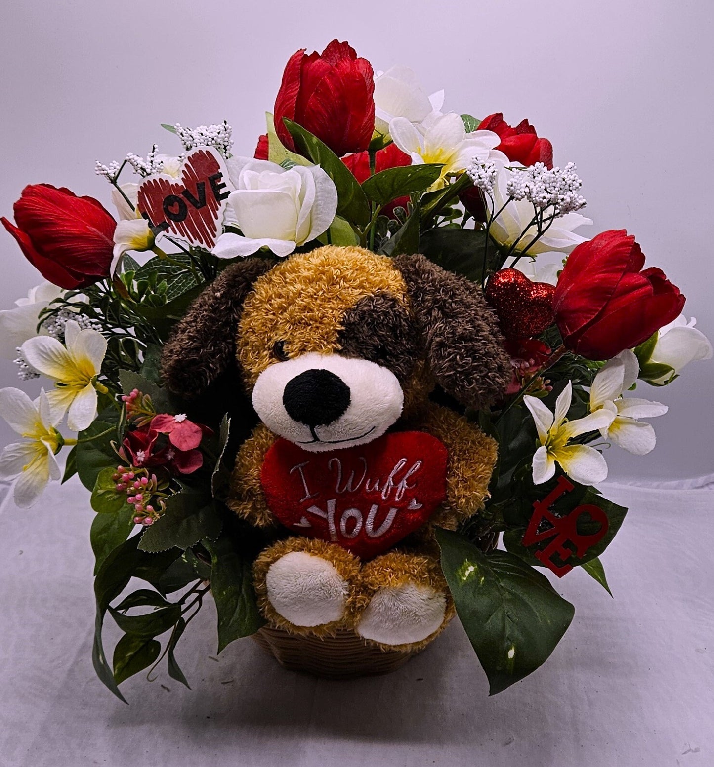 Romantic 'I Wuff You' Flower Arrangement, Red Tulips Bouquet, Cute Pup Floral Display, White Roses, Heart Accents