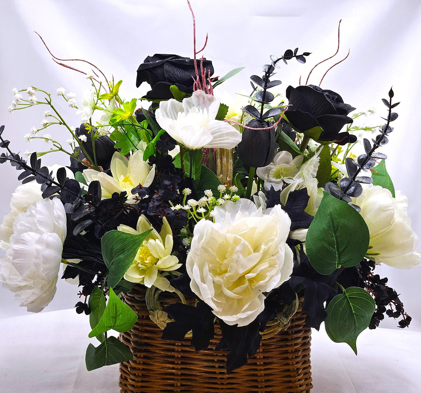 Handcrafted Floral Basket, Black & White Home Decor, Centerpiece Idea, Housewarming Gift, Floral Basket Decor