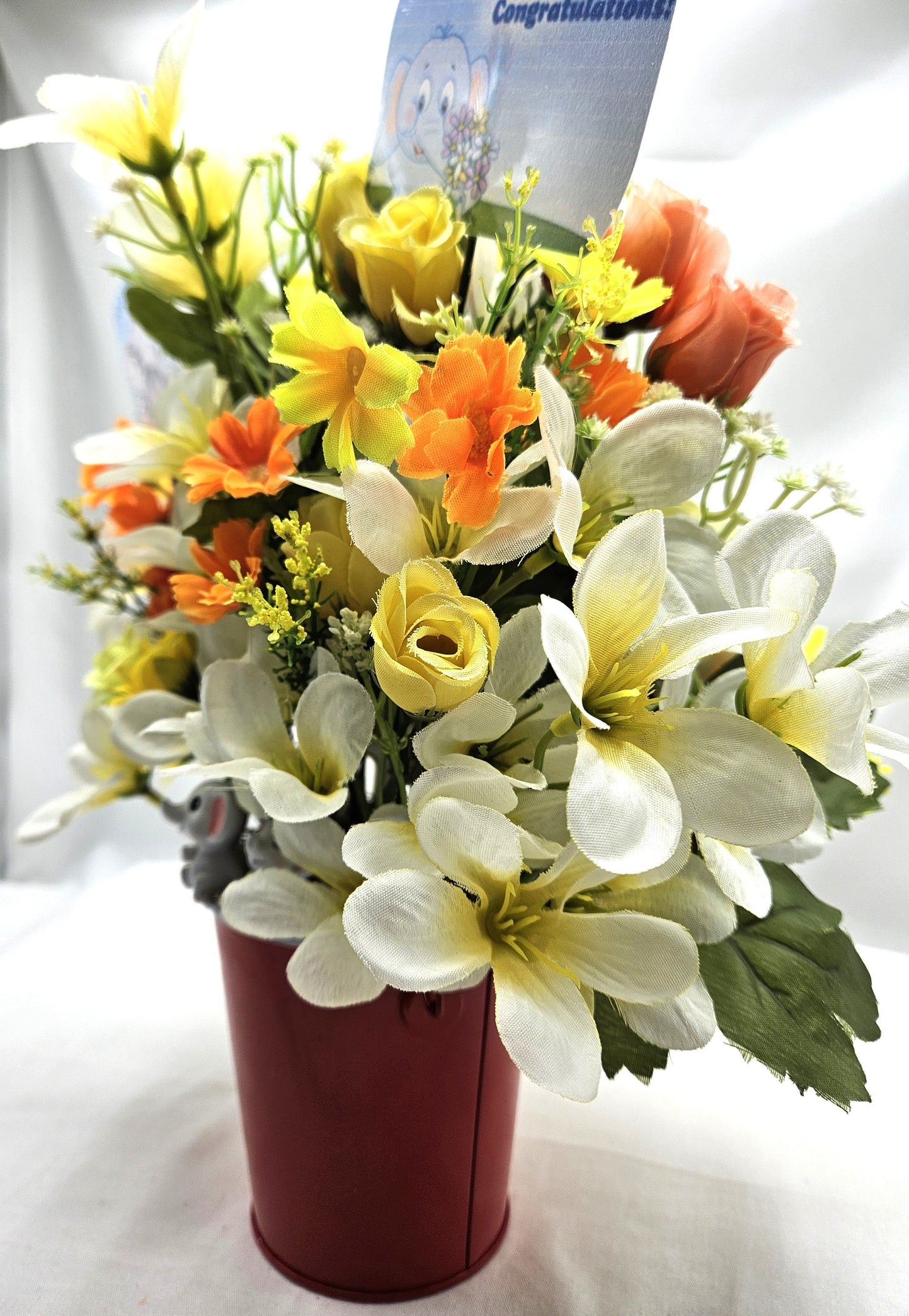 Congratulations Elephant Flower Arrangement - Yellow & White Flowers in Red Bucket, with Heartfelt Messages, Congratulations Gift
