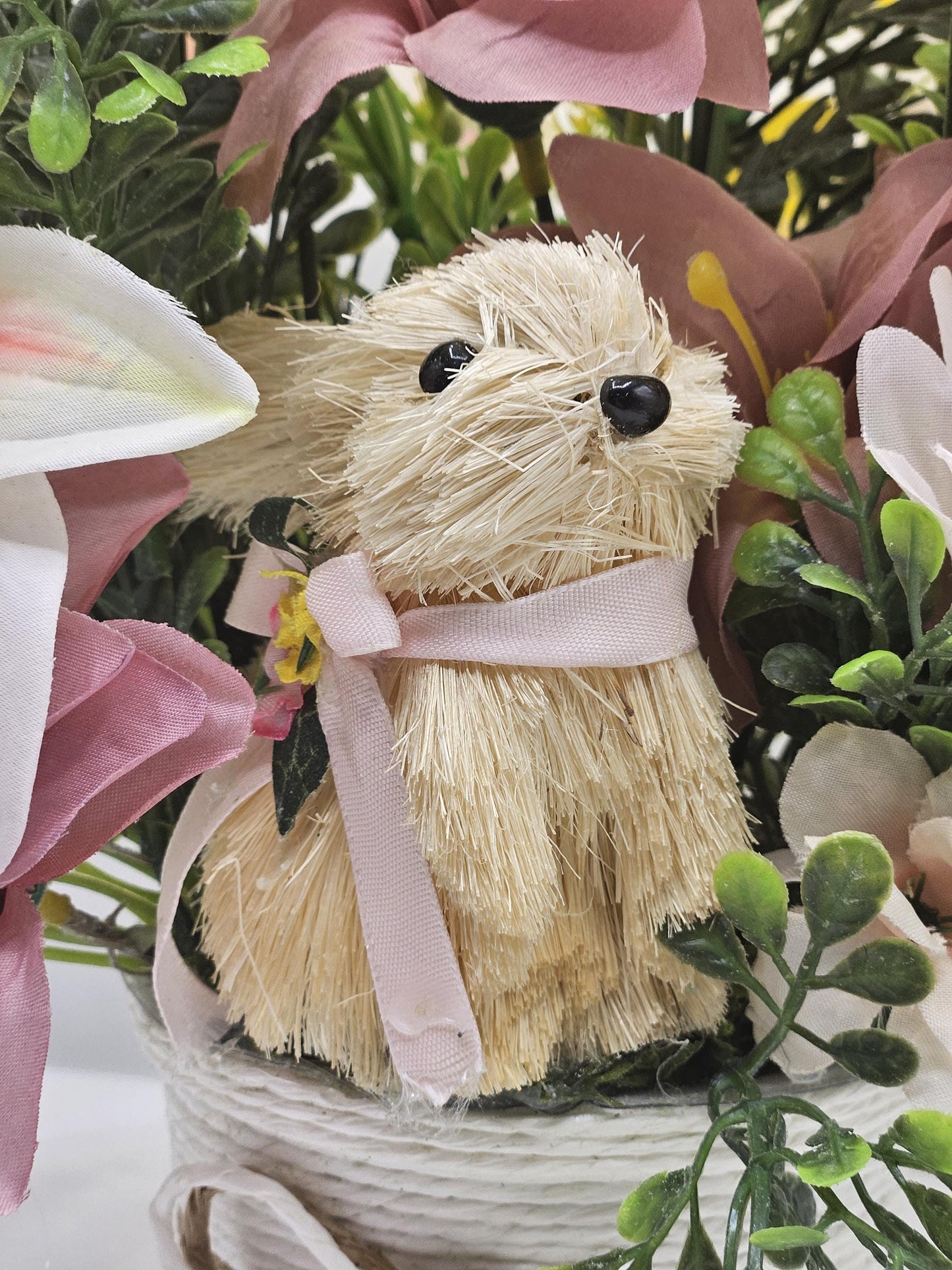 Lilies and Bunnies in a Wicker-Type Basket, 2 Options, Square or Round, Sophisticated Rabbits or Cute Rattan Bunny, Yellow w/Hot Pink/Mauve