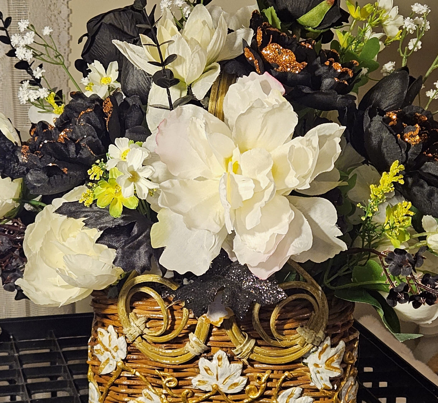 Handcrafted Floral Basket, Black & White Home Decor, Centerpiece Idea, Housewarming Gift, Floral Basket Decor