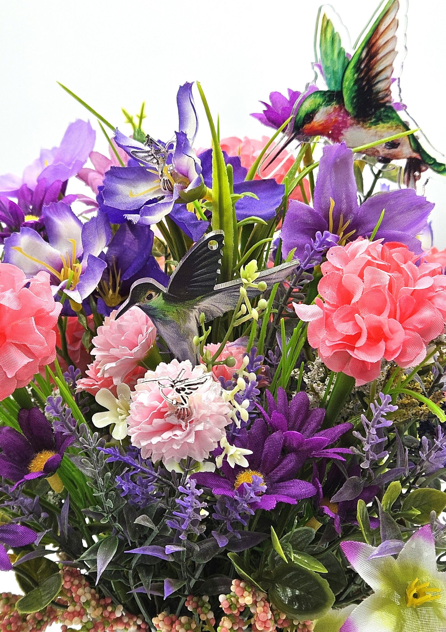 Hummingbird Flower Arrangments, 2 Options, Hummingbird Lover Creations in Yellow/Peach or Piink/Purple Floral Colors, Lots of Hummingbirds