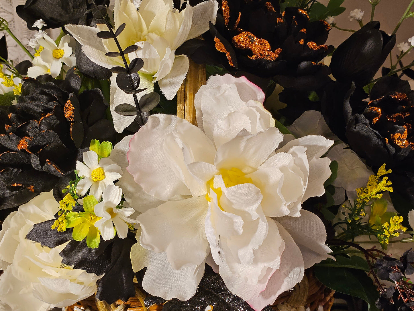 Handcrafted Floral Basket, Black & White Home Decor, Centerpiece Idea, Housewarming Gift, Floral Basket Decor