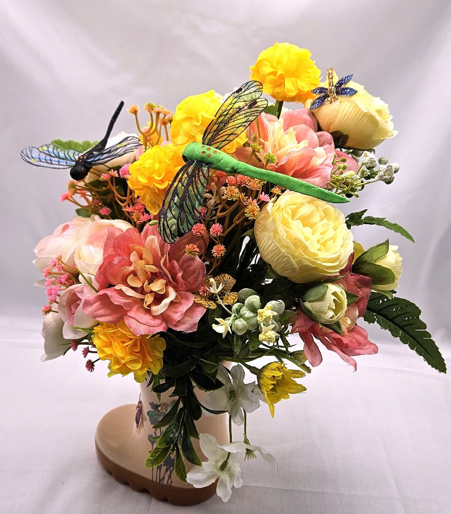 Rainboot Flower Arrangement Dragon Fly in yellow/peach Colors, Great Gift for Her, Birthday Gift, Great for the DragonFly Lover