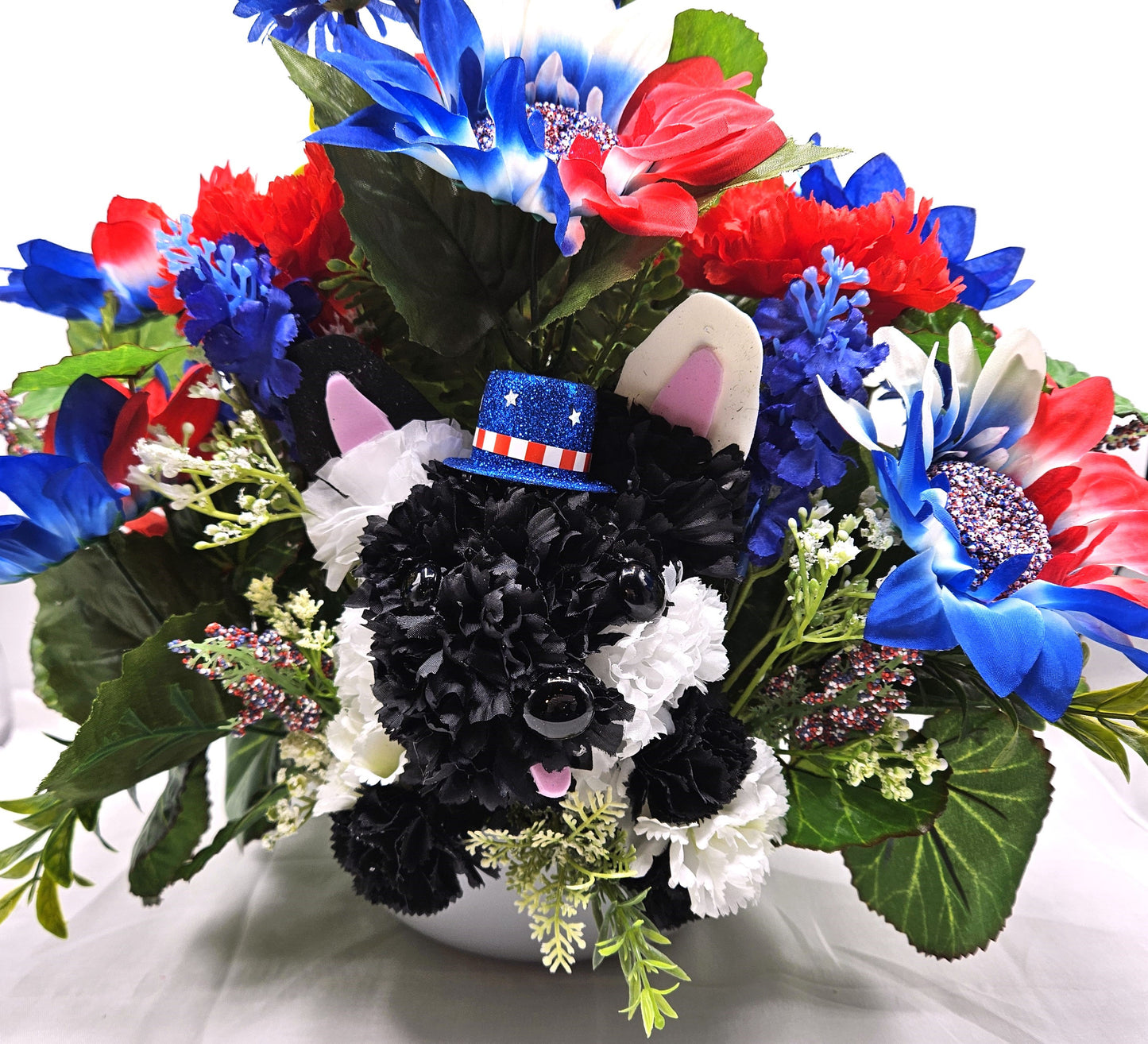 Black and White Silk Carnation Flower Dog Decor, Red/White/Blue Floral Garden, Patriotic Gift, Dog Lover Decor