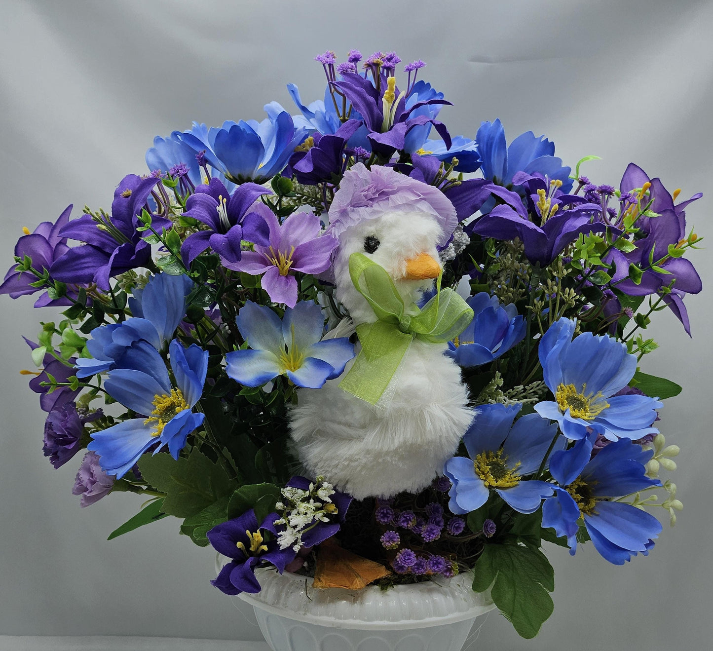 Cheerful or Shy Goose Figure Pedestal Bowl/Twoo Options/Blue/Purple or Pink/White/Lilies, Roses, Other Florals, Greenery, Baby's Breath