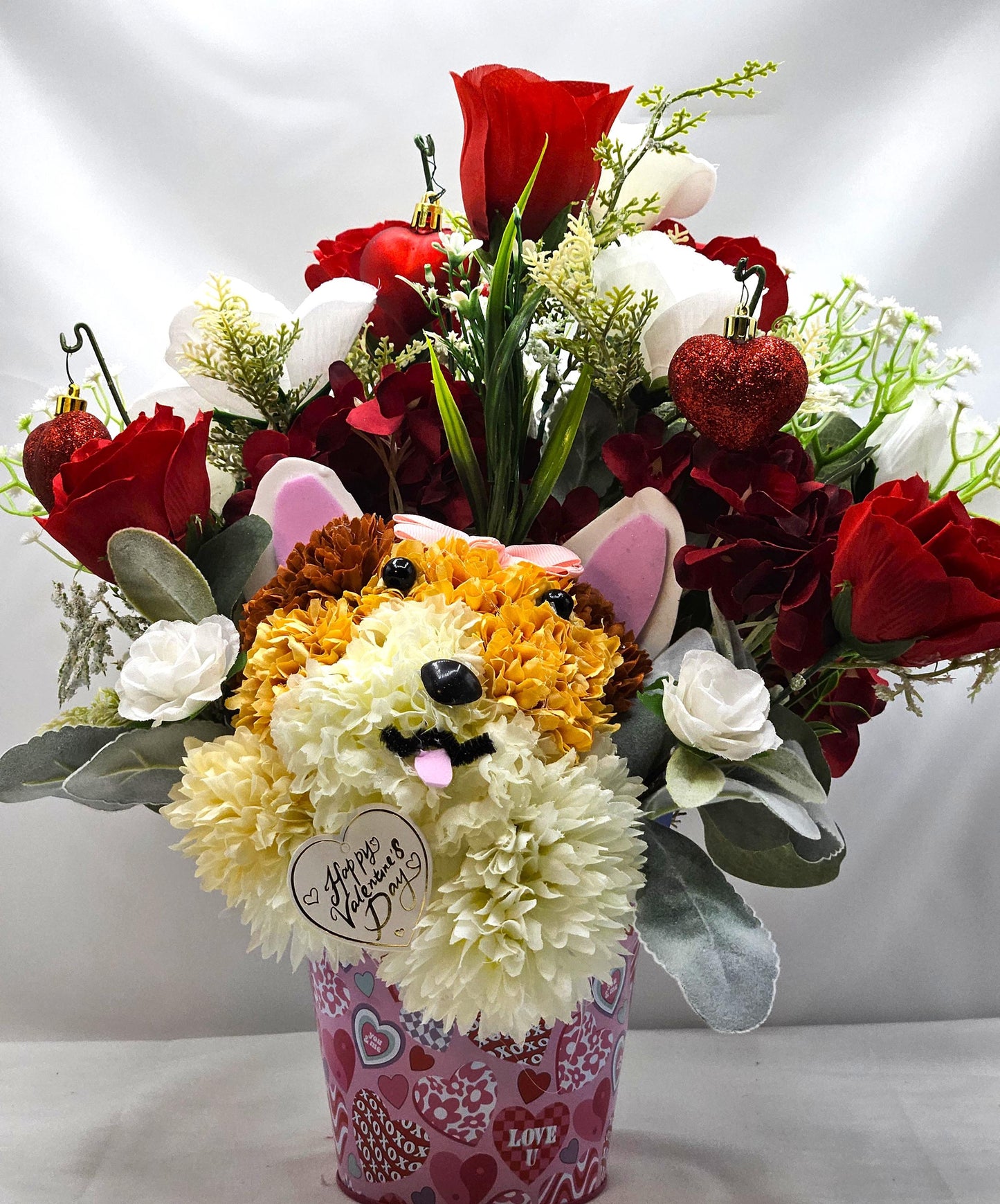 Handmade Carnation Mum Dog in Rose Garden, Red Roses, Greenery, Hearts, Romantic Gift, Dog Lover, Sweetheart