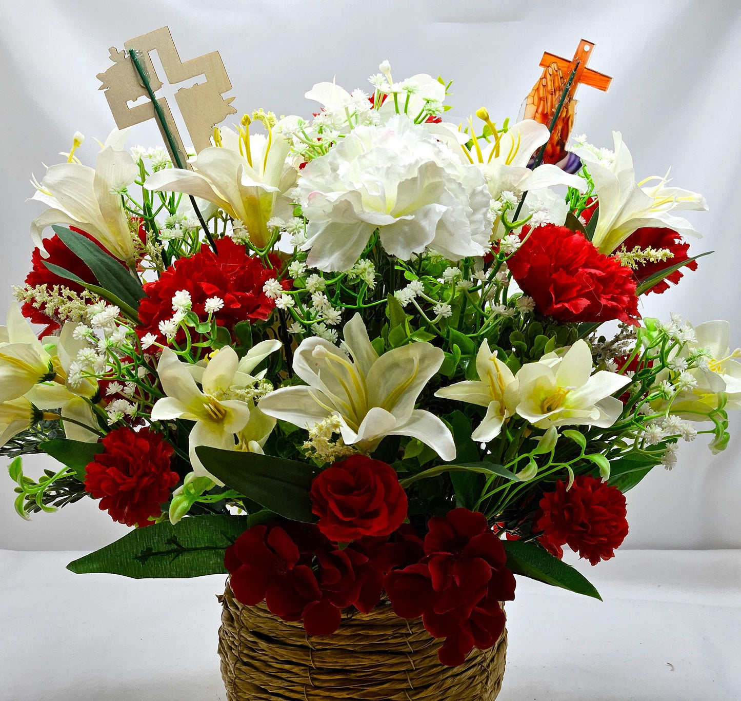 With God All Things Are Possible Flower Centerpiece Featuring Jesus Rising Within A Floral Garden of Lilies/Carnations/Added Cross Signs