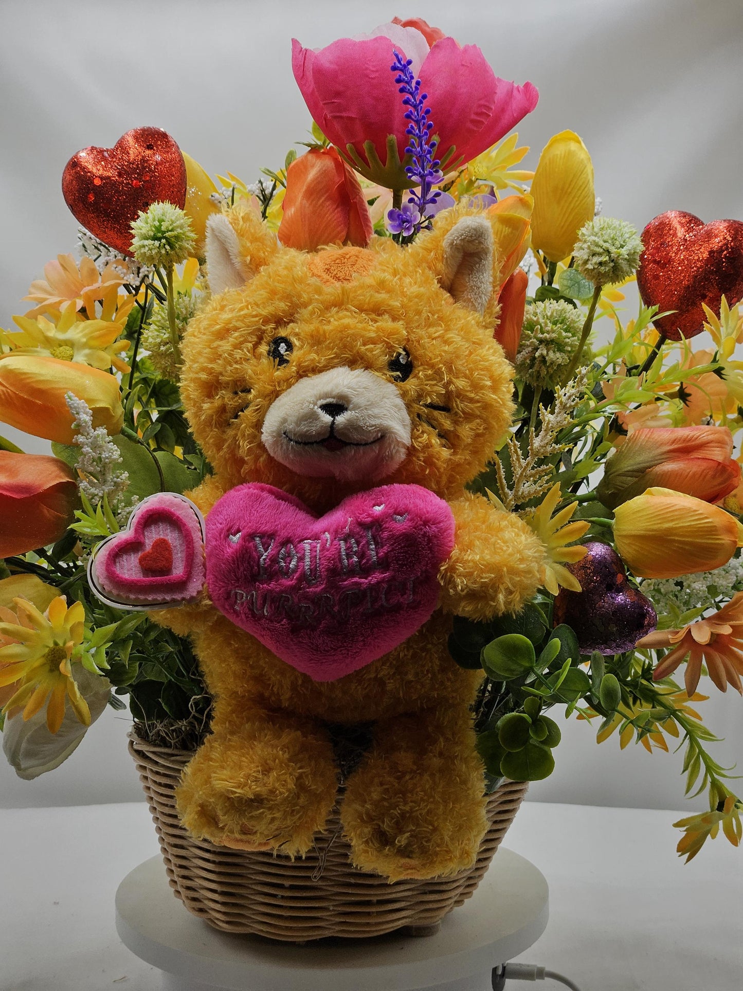 Happy Romantic Kitty with Heart saying "You're Purrfect"sitting in a Wildflower/Tulip Garden, Big Red Hearts/Happy Valentines Day Sign/Gift