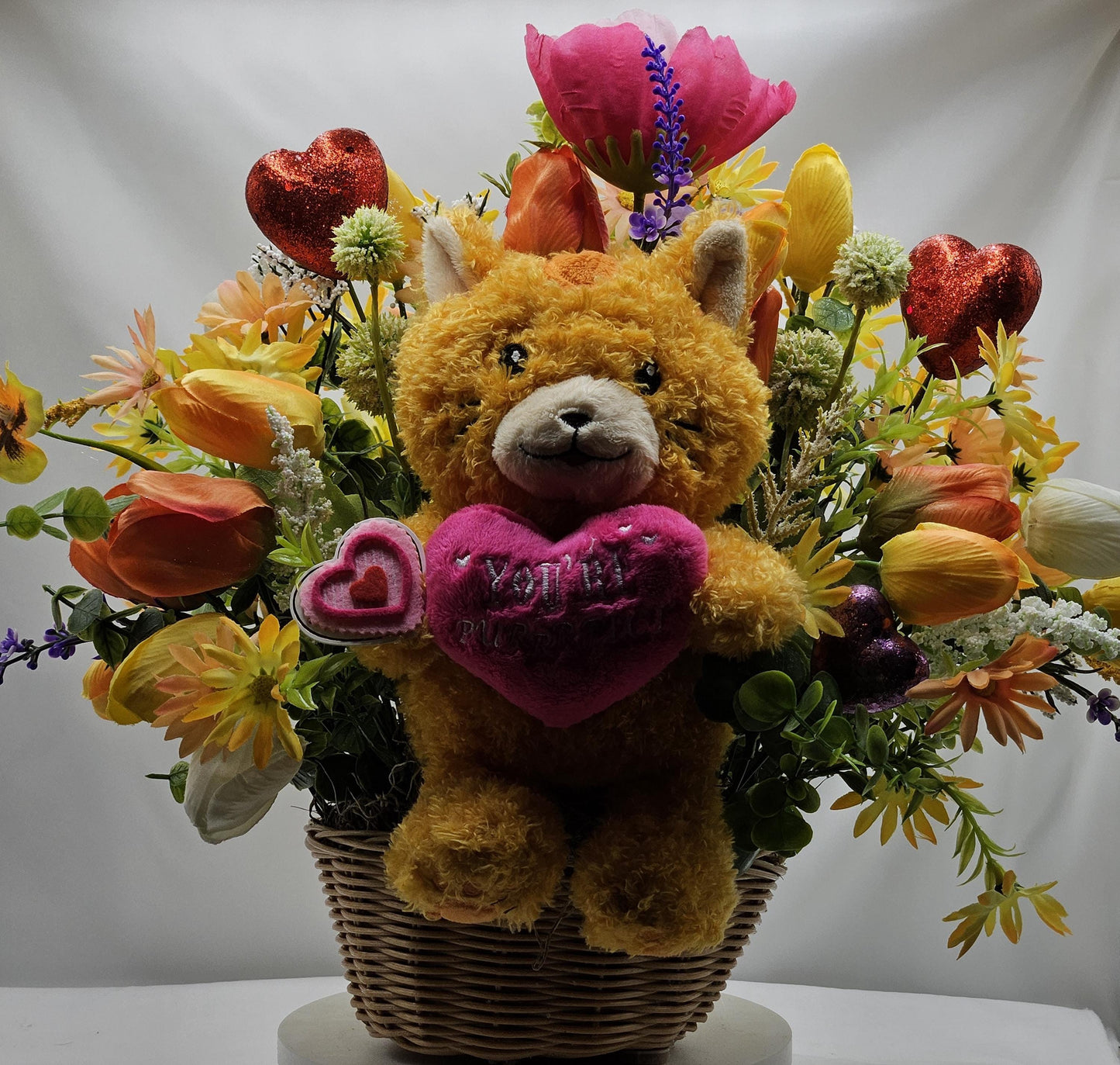 Happy Romantic Kitty with Heart saying "You're Purrfect"sitting in a Wildflower/Tulip Garden, Big Red Hearts/Happy Valentines Day Sign/Gift
