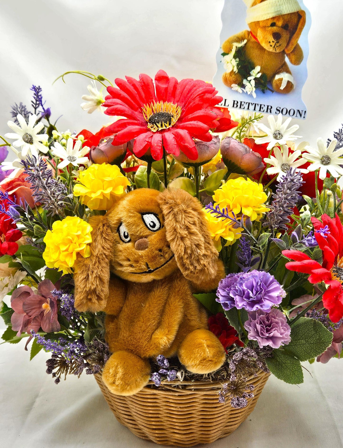 Get Well Floral Centerpiece with Cute Dog/Lift Someones Spirit W/This Charming Gift/Chase Away the Blue sand Make Someone Smile/Colorful