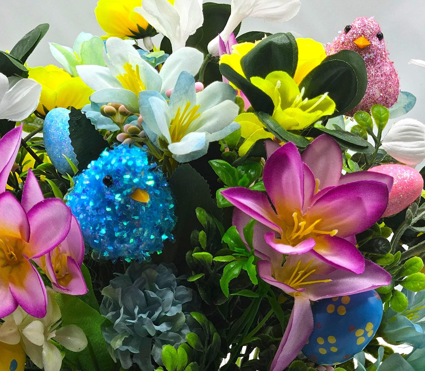 Easter Floral Set in Blue Easter Egg Shaped Dish, Geat for Gifting or Decor, Lilac/Blue/White Flowers/Greens, Glitter Chicks/Easter Accents