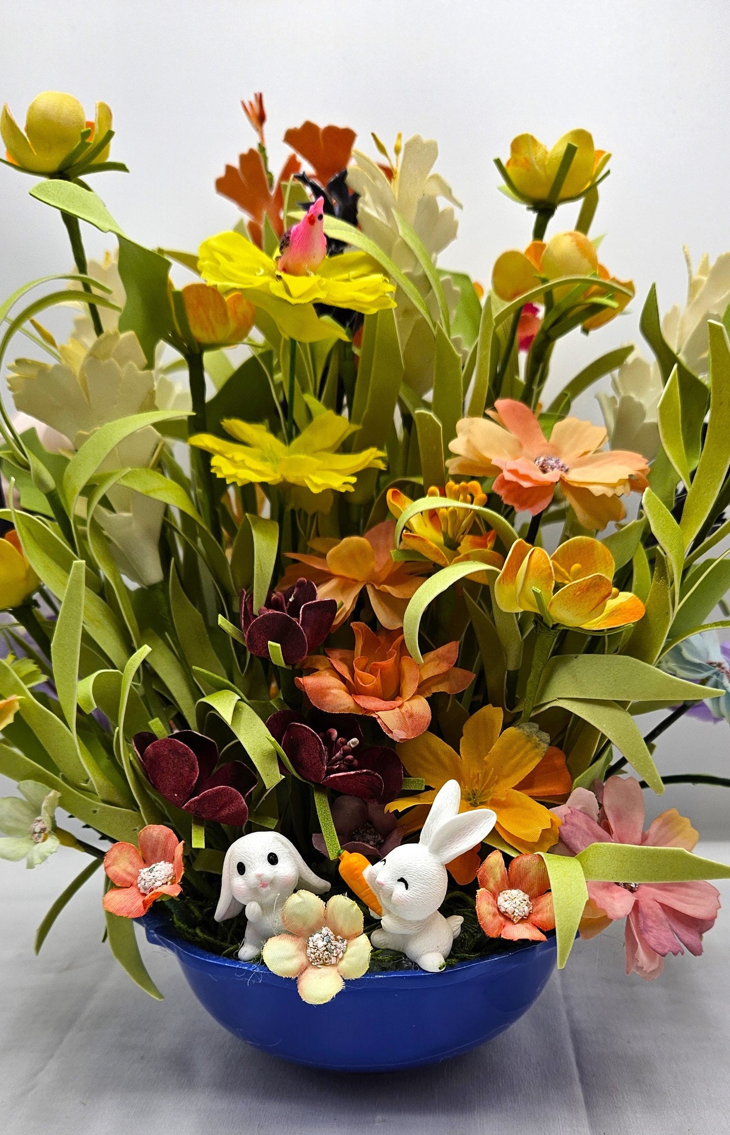 Colorful Spring/Summer Flower Arrangements with Whimsical Rabbit and Chick Accents - Available in the Blue Bowl