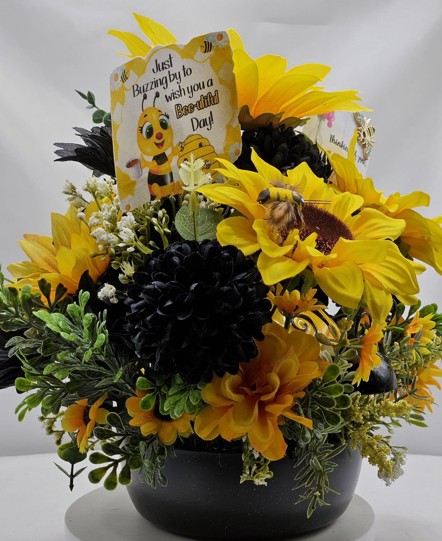 Thinking of You, Buzzing By Bee Lovers Floral Arrangement, Large Bee w/Bee accents, Yellow Sunflowers/Black Carnations Set in Black Bowl