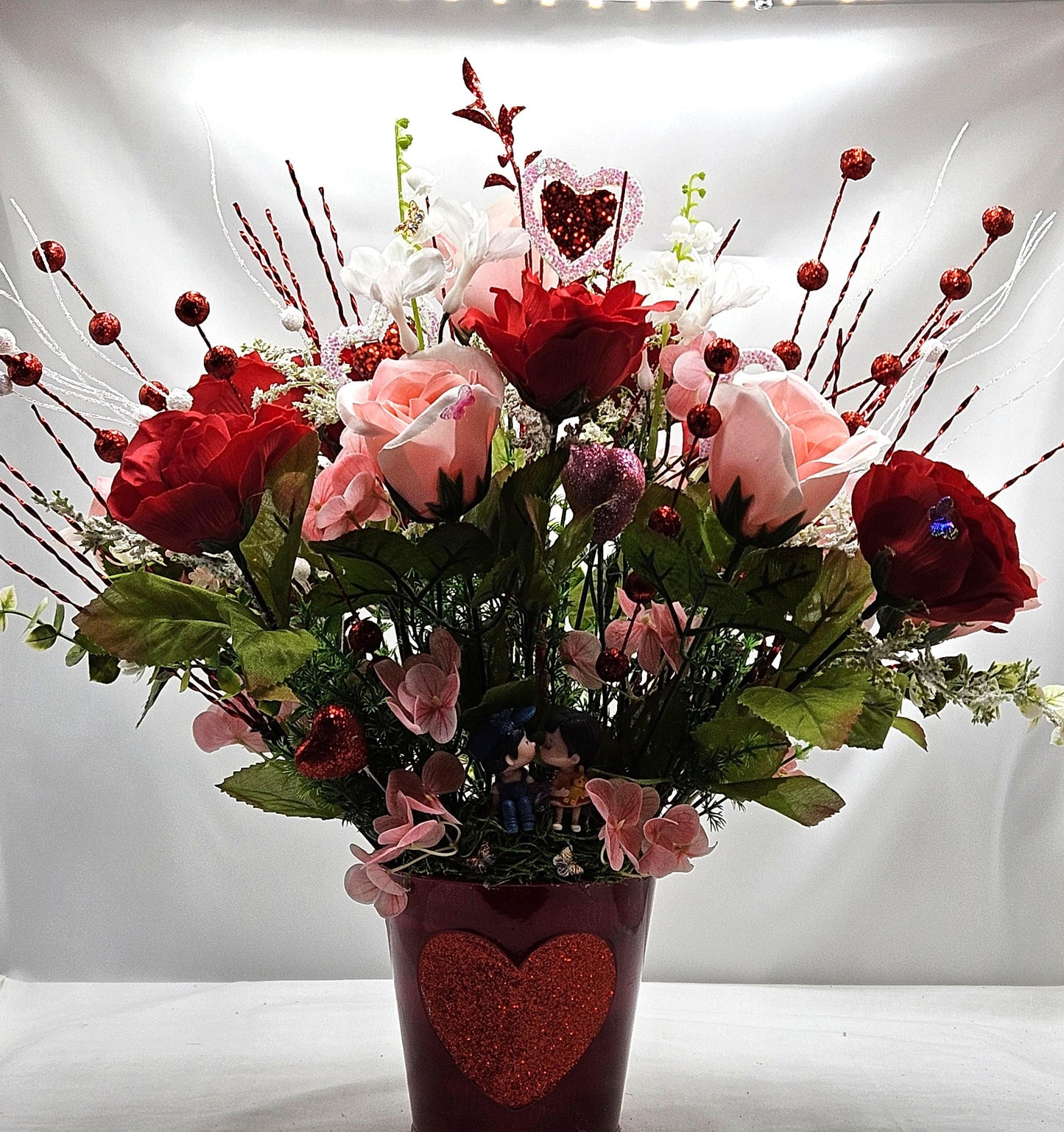 Romantic Flower Centerpiece with Pink and Red Roses, Kissing Couple, Valentine Decor, Butterflies, Hearts, Glitter Accents