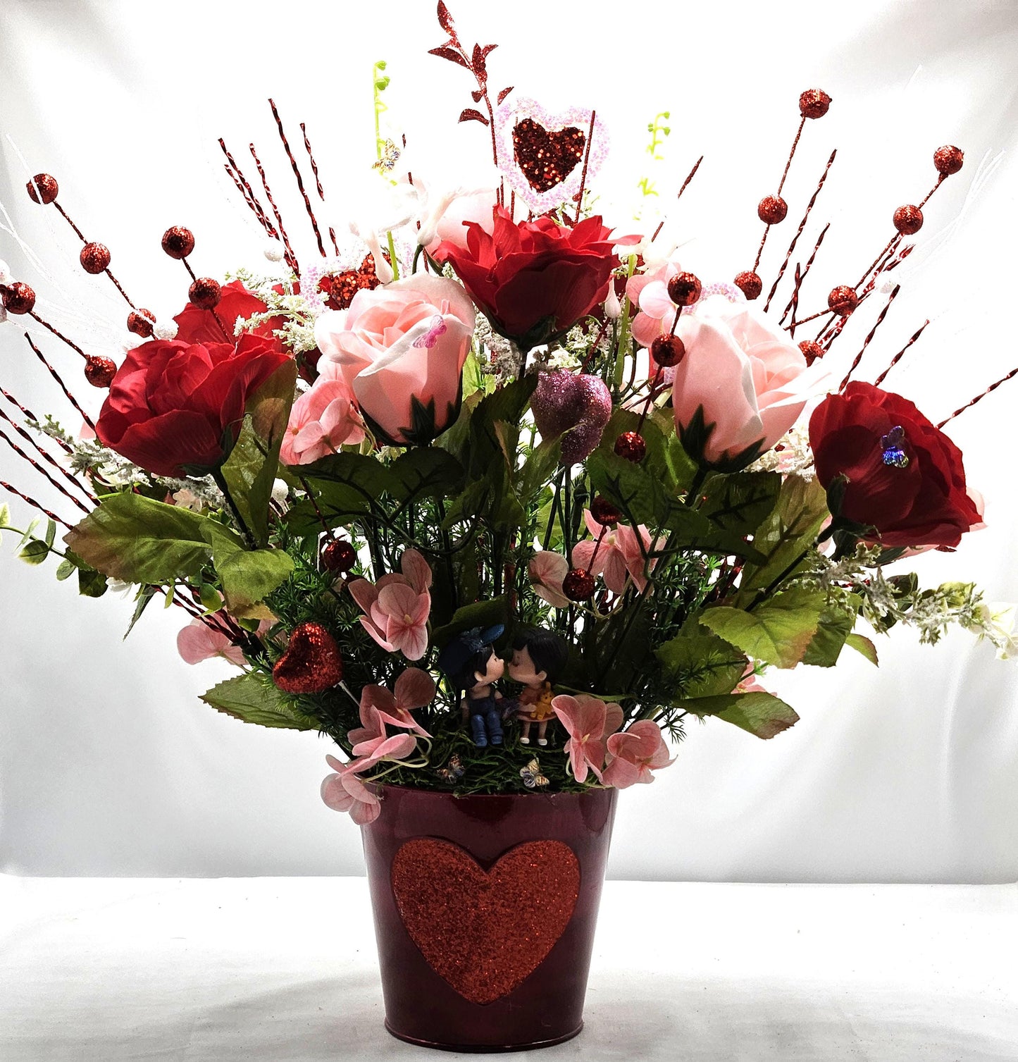 Romantic Flower Centerpiece with Pink and Red Roses, Kissing Couple, Valentine Decor, Butterflies, Hearts, Glitter Accents