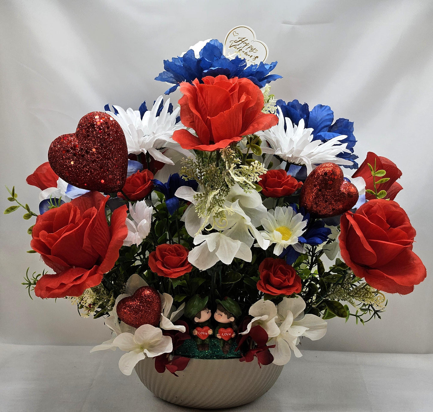 Romantic Flower Arrangement for Military Couple, Grey Plastic Bowl, Artificial Florals, Red Hearts, Love Gift