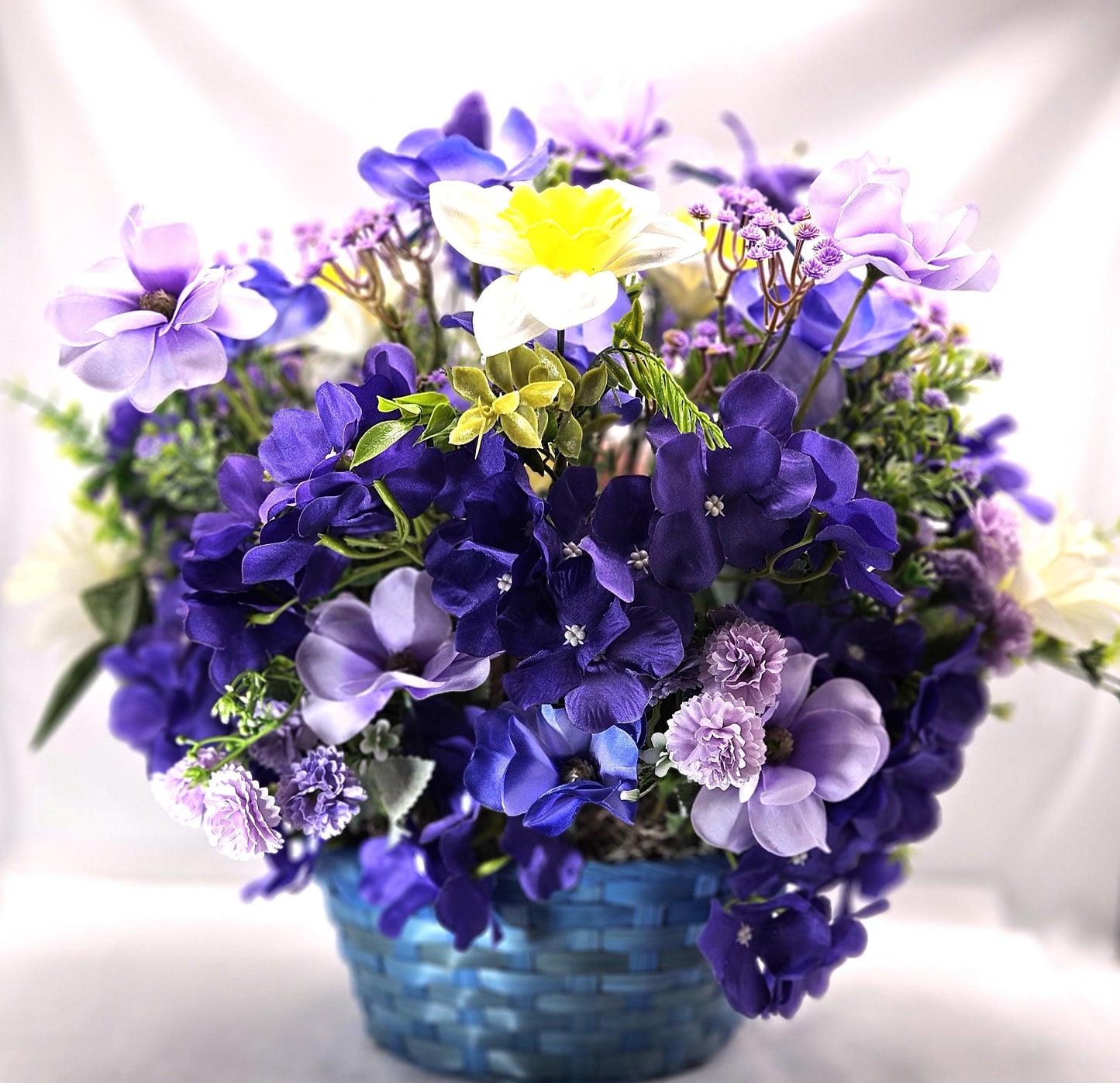 Purple Floral Centerpiece w/cute Stuffed Animal in Front of Lovely purple and white flowers, Great for Housewarming/Birthday/Thinking of You